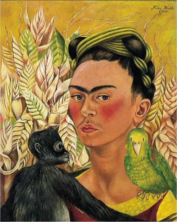 'Autorretrato con chango y loro' (1942, óleo sobre masonite, 54.6 x 43.2 cm, Buenos Aires, Malba-Fundación Constantini, de Frida Kahlo.